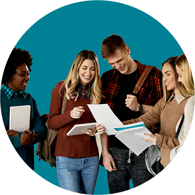 happy female student showing notes to her friends while standing