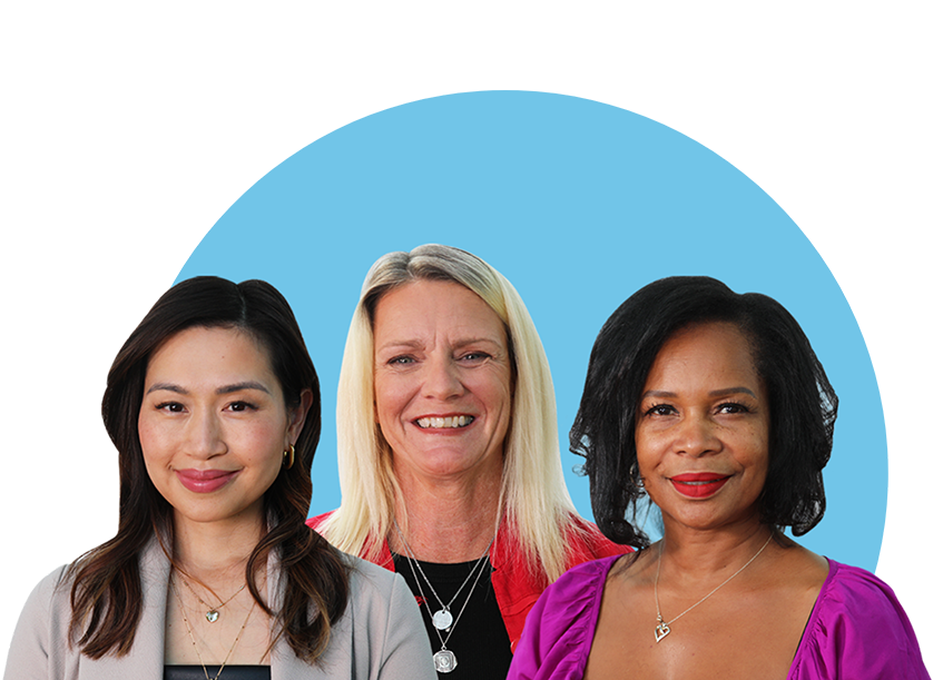 3 diverse women in a row, all smiling